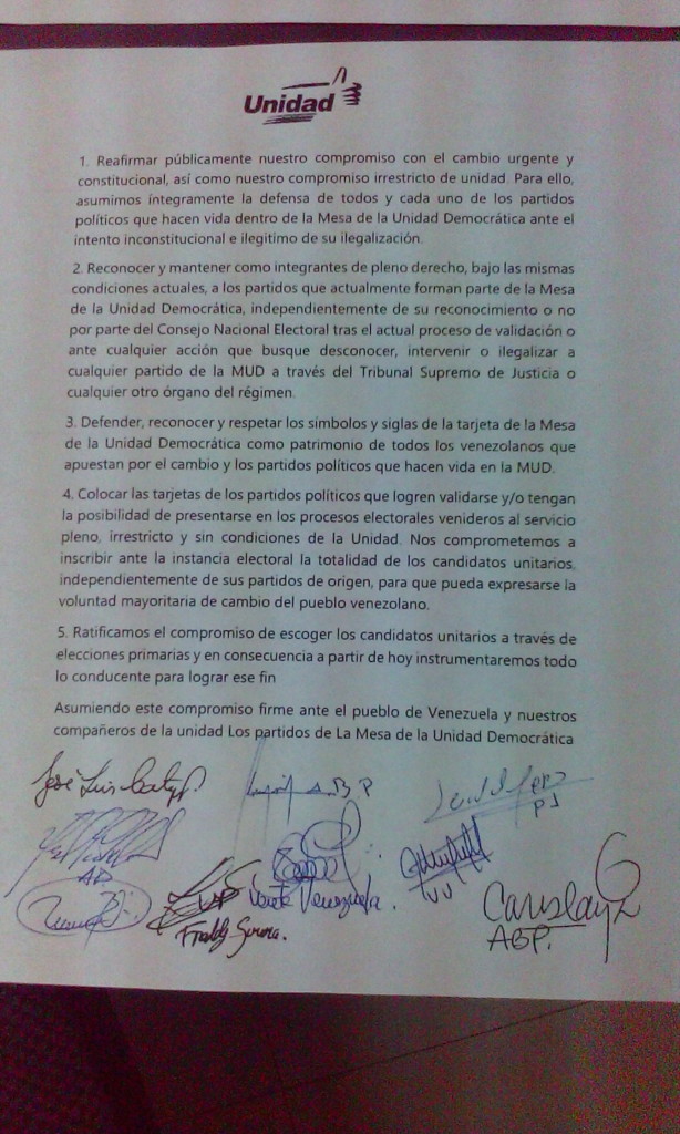 Acuerdo de la Unidad plasmado en un documento que firmaron todas las organizaciones políticas que se concentran en la alianza opositora. (Foto: Andrés Fornerino). 